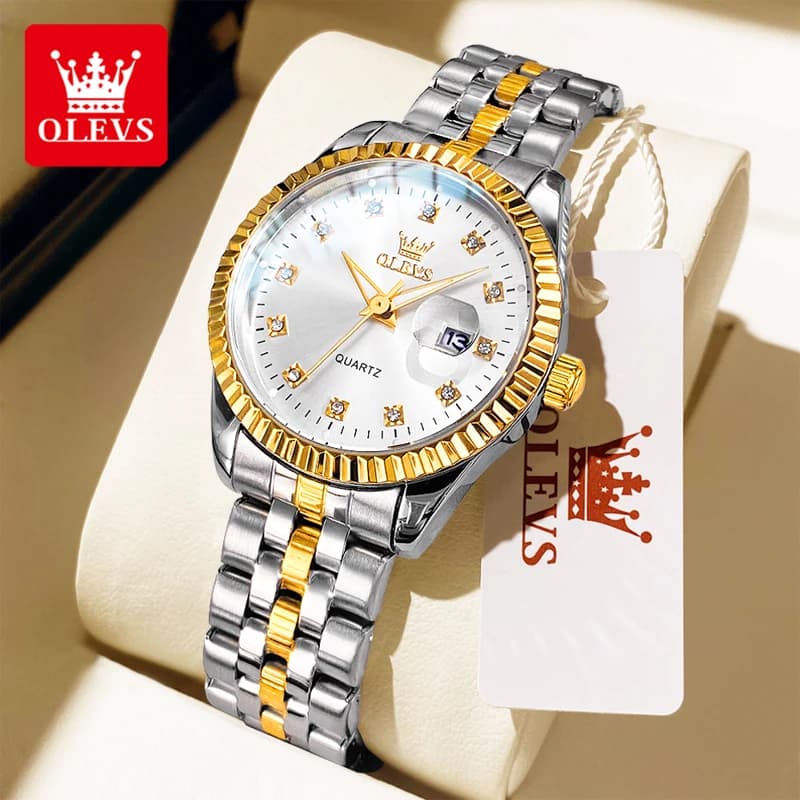 OLEVS 5526 Orologio al quarzo da donna originale Orologio da polso in oro con diamanti di lusso Orologio da polso con calendario luminoso impermeabile in acciaio inossidabile