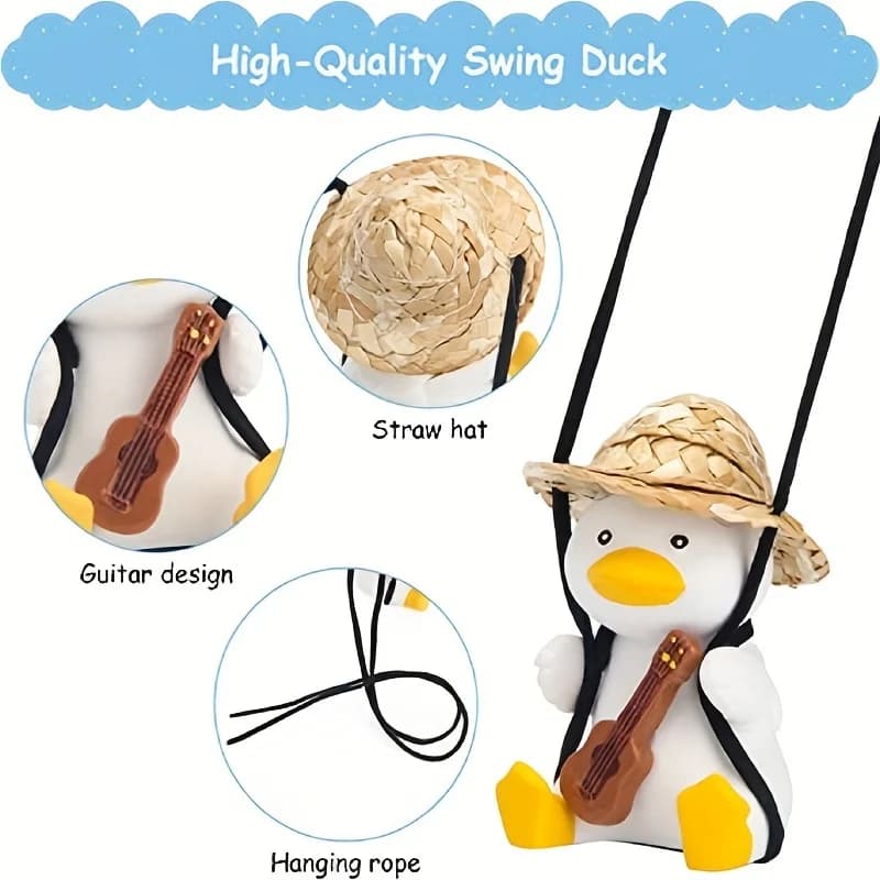 Simpatico ornamento da appendere per specchietto retrovisore per auto con pinguino - Decorazione con anatra oscillante in ABS con cappello di paglia e ukulele