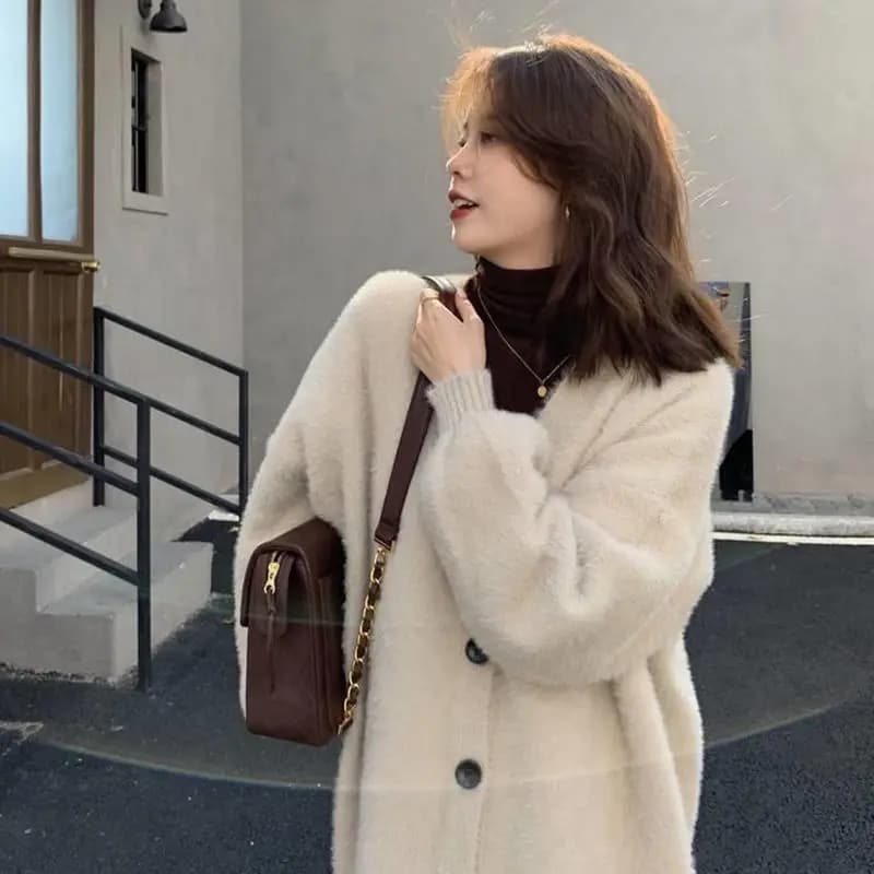 Soft Mink Knitwear Cardigan Long Sleeve V-Neck Loose Fit Medium Length Women's plus Size Meat Concealing Lazy Style Sweater