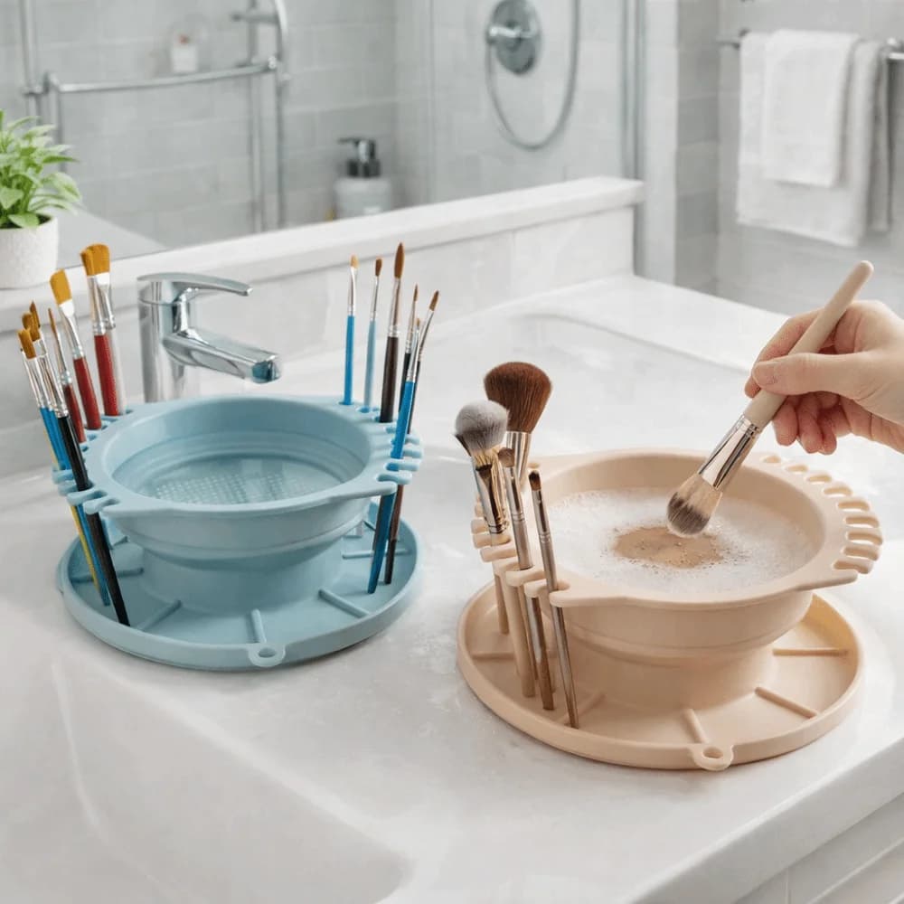 Pulitore per Pennelli da Trucco 3 in 1 Pieghevole con Porta Pennelli, Scatola per Pulizia Pennelli in Silicone, Ciotola per Lavaggio Pennelli Ombretto