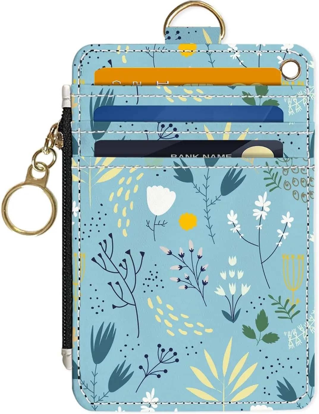 Portafoglio Sottile Blu Floreale con Blocco RFID per Donne, Porta Carte da Viaggio in Pelle PU con Cerniera e Finestra per Documenti