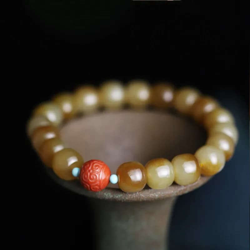 Hetian Sugar White Jade Bracelet 9*10Mm Old Style Beads Single Circle Women'S Red