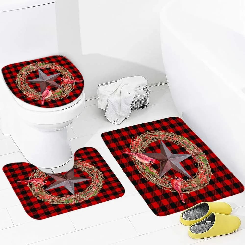 3 pezzi set tappetino da bagno nero bianco rosso bufalo plaid Texas Star rosso uccello ghirlanda creativo tema natalizio arredamento bagno tappeto