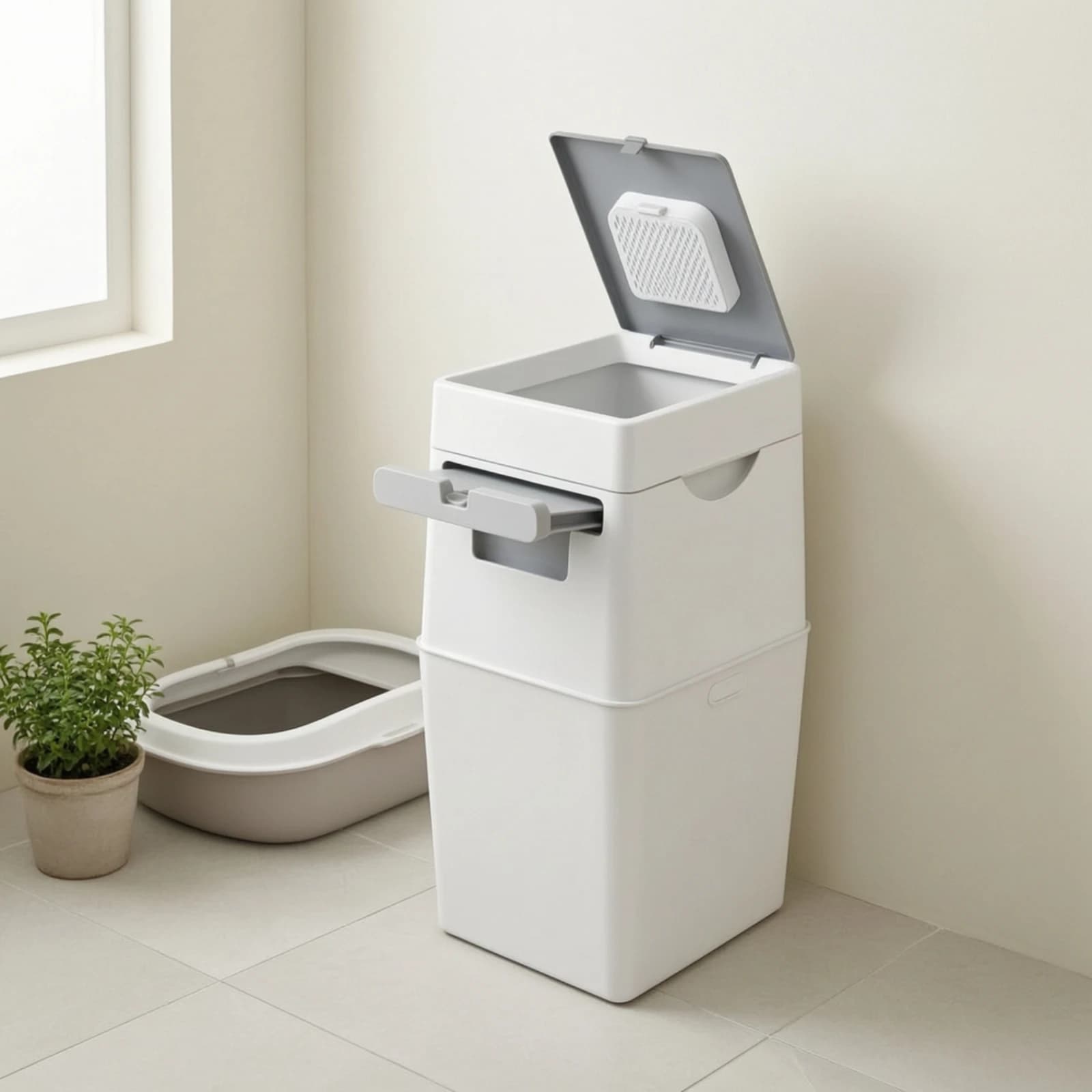 Cat Litter Waste Bin Lidded Litter Disposal Bin with Refill Bag Trash Can with Refill Bag Space-Saving for Pet Owners
