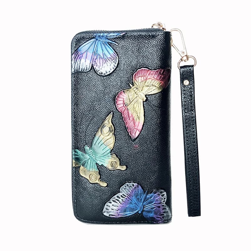 Portafoglio Donna 2025 Pochette con libellula rosa in rilievo con cinturino da polso con nappa Borsa da sera lunga in vera pelle Portafogli per donna