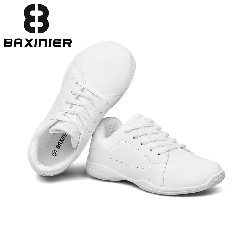 BAXINIER White Cheerleading Shoes for Girls Boys Youth Wide Toe Box Athletic Dance Sneakers Synthetic Leather Lace-Up Stable Heel Support Anti-Slip Rubber Outsole Cheer Practice Competition