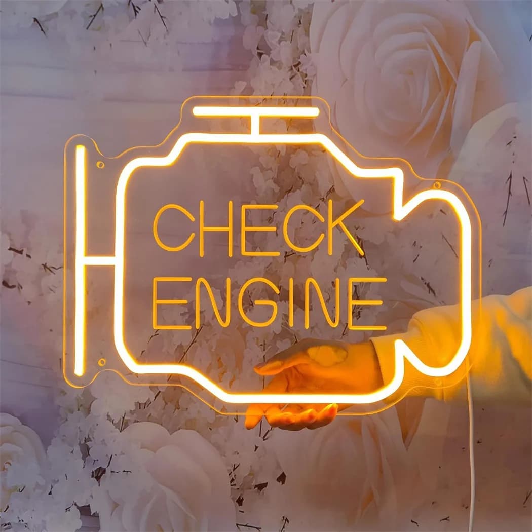 Insegna LED Neon 'Check Engine' con Luce Ambrata, Alimentazione USB, Decorazione da Parete per Camera da Letto, Garage, Feste e Ambienti Commerciali