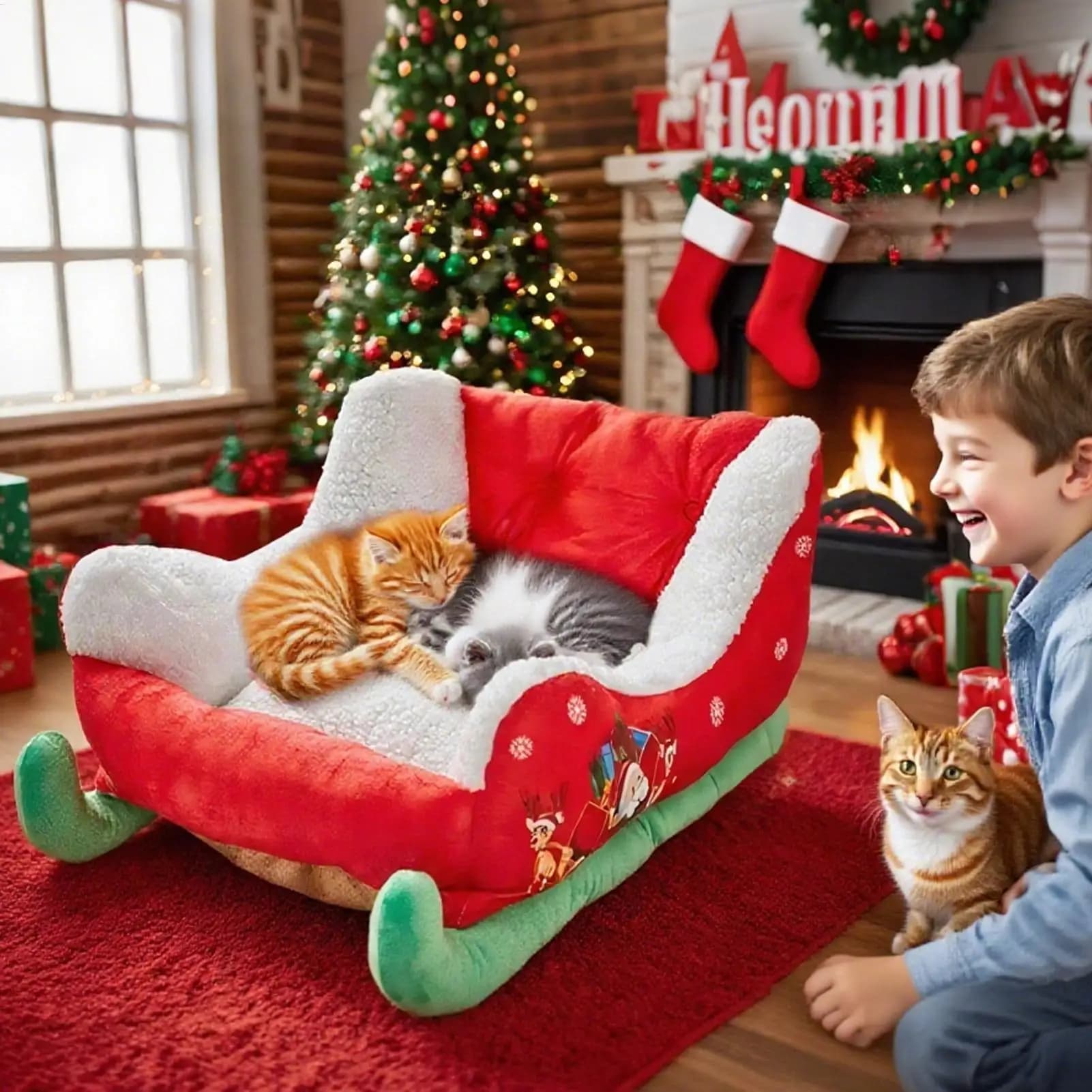 Letto per cani a slitta natalizia, nuovo letto a slitta per cani, letto per animali domestici di Babbo Natale per cani e gatti, comodo letto per animali a tema natalizio in peluche festivo