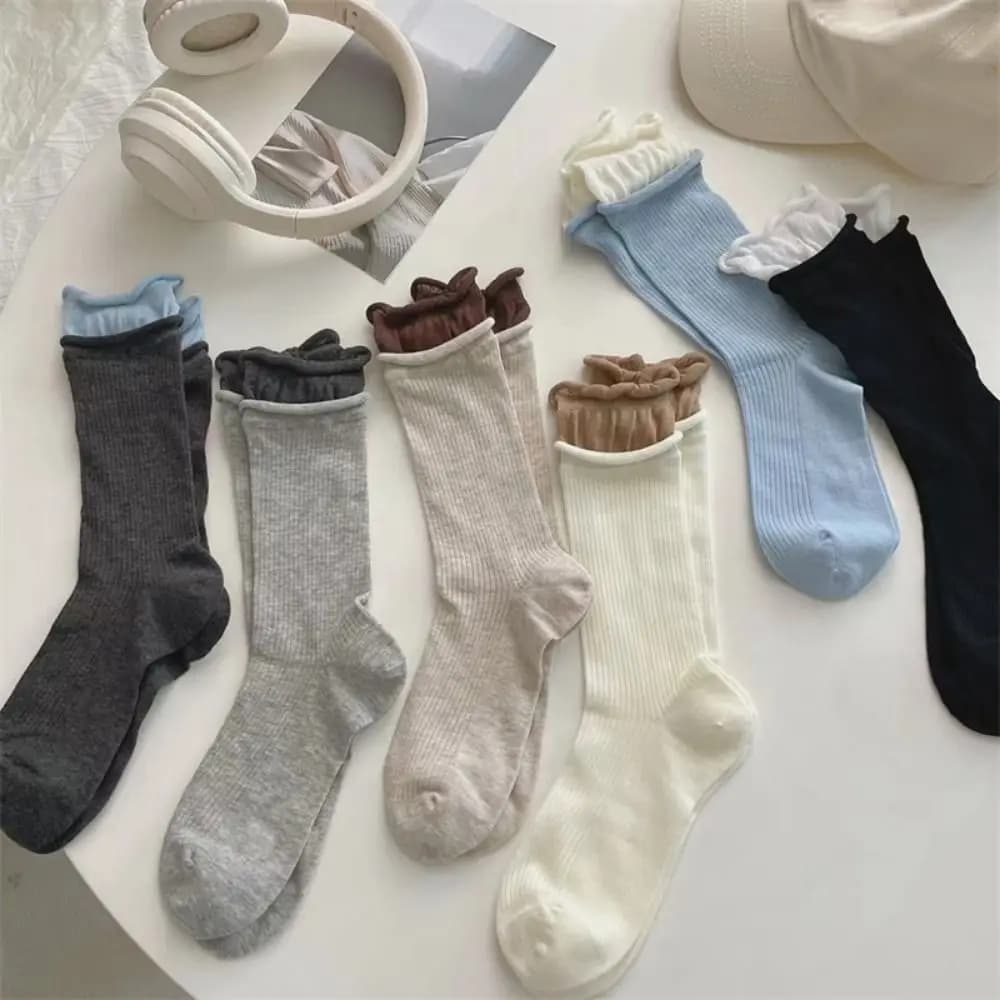 Casual Cotton Mid-tube Socks Breathable Morandi Color Double Ribbed Socks Comfortable Long Pile Stocking