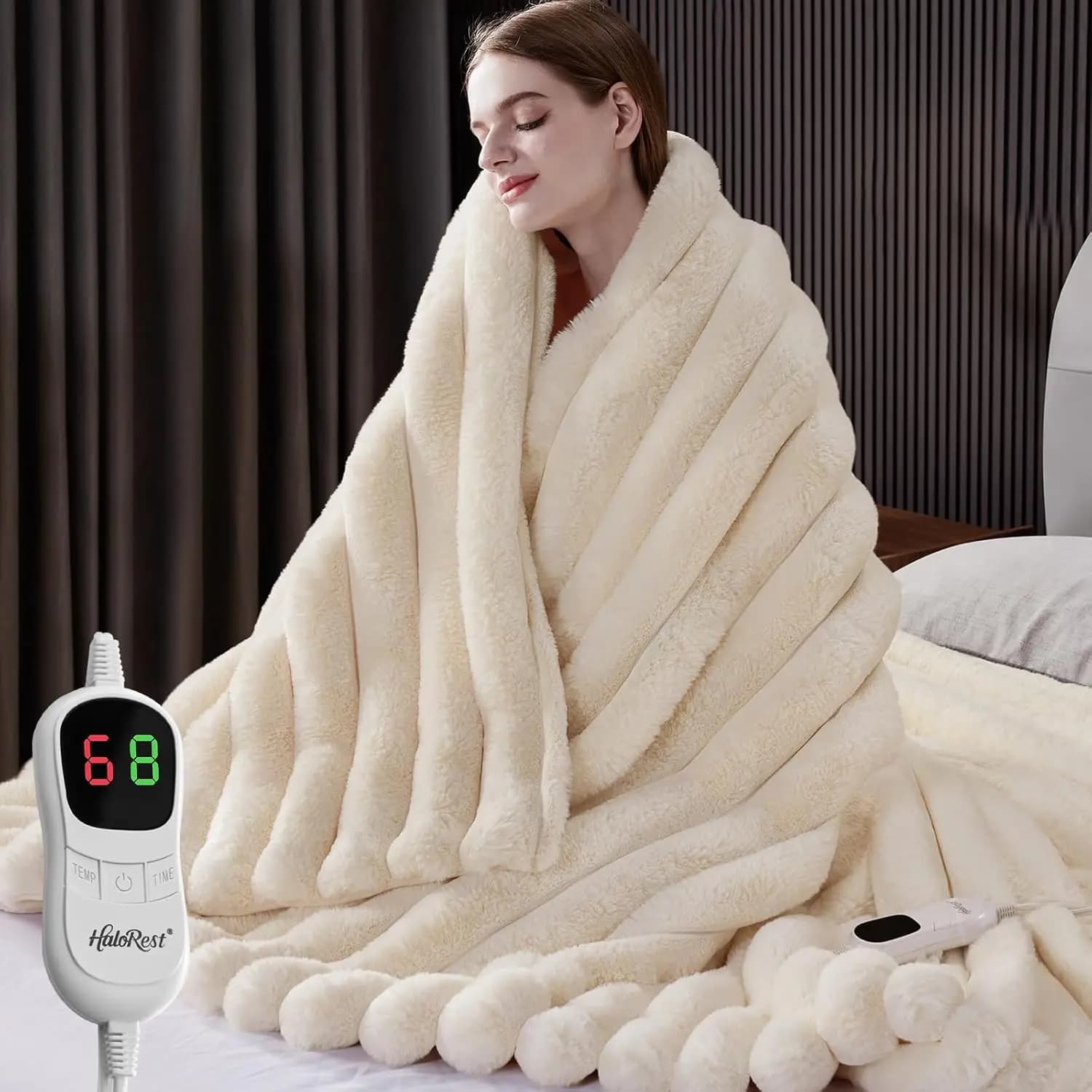 Accogliente coperta riscaldata in pelliccia sintetica con timer di spegnimento automatico e 10 livelli di calore, lavabile in lavatrice (50x60 pollici, bianco crema)