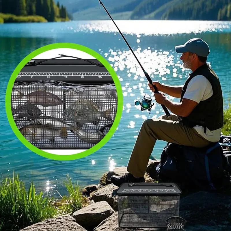 Secchio da pesca per pesci 47L Cestino per pesci Rete da pesca Forniture Gabbia galleggiante pieghevole con corda antiscivolo Borsa per attrezzatura da esterno