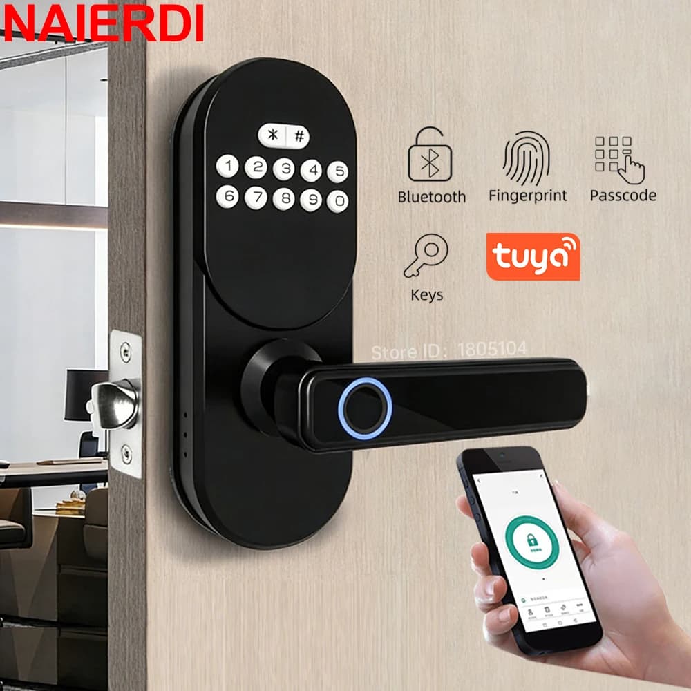 Serratura Digitale di Sicurezza NAIERDI con App Tuya, Bluetooth, Impronta Digitale, Maniglia e Tastierino per Hotel, Ufficio e Casa