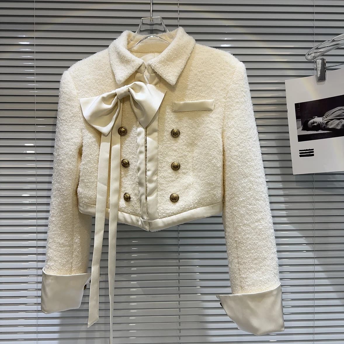 Fall 2026 New Style Small Fragrance Fashion Lady Knot Pin Tie Woolen Short Jacket Top Lady's Straight Tube Butterfl...