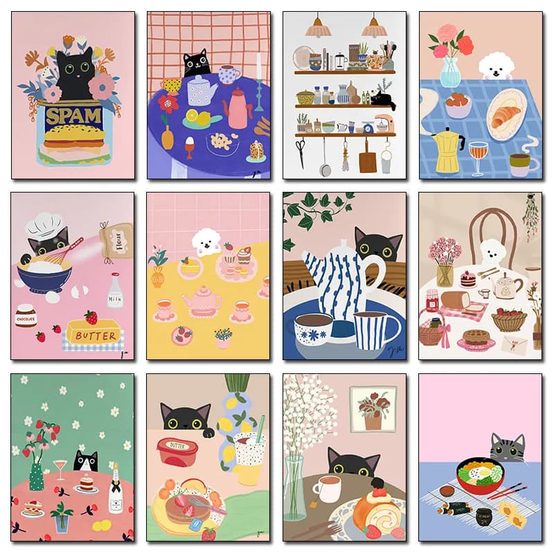 1pcs(No frame)Funny Cute Coffee Cat Bread Puppy Croissant Dog Poster and Prints Canvas Printing Wall Art Picture for Living R