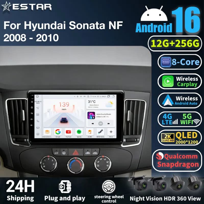 Autoradio Android 16 Wireless Carplay per Hyundai Sonata NF 2008-2010, Stereo BT Multimediale 5G WIFI 2din GPS RDS DSP