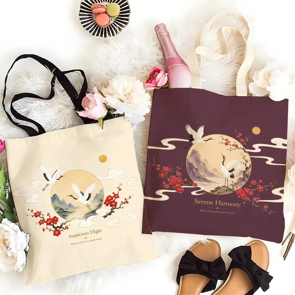 Auspicious Crane Blossom Storage Bags Storage Bags Canvas Tote Bag Large Capacity Shoulder Fashion Eco Shopping Handbag