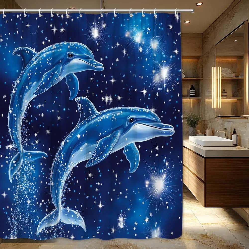 1pc Magical Blue Dolphins Shower Curtain - Ethereal Ocean Scene with Stars & Sparkles, Whimsical Fantasy Style Polyester Fabric,