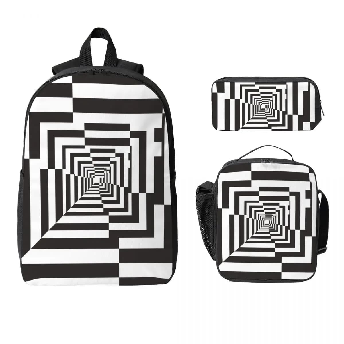Black And White Relief Tunnel Kids Backpack Lunch Box Pencil Boxes for Boys Girls Backpacks Kawaii Schoolbag Bookbag Set