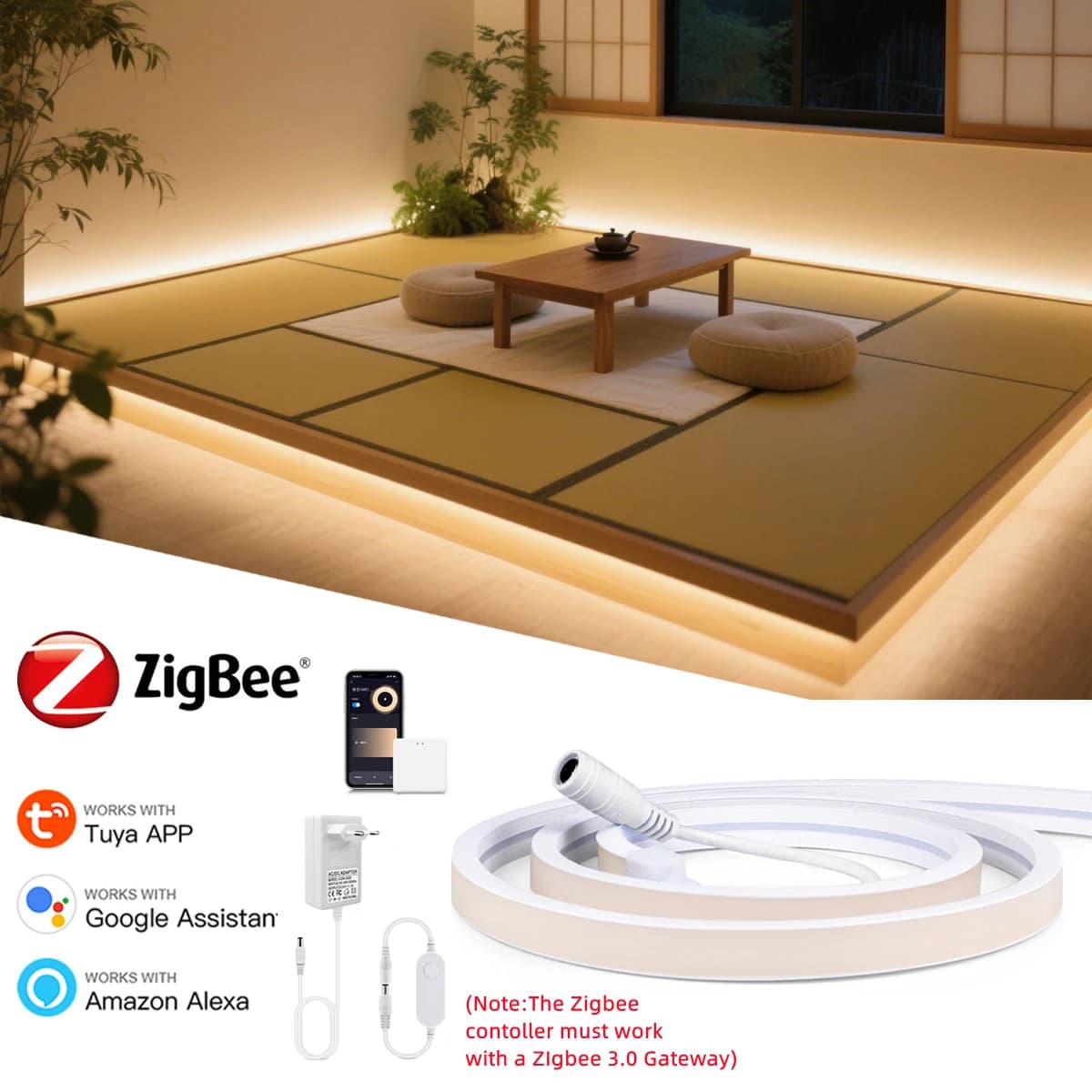 1M-5M Zigbee 3.0 Striscia LED DC 12V Nastro al neon dimmerabile lineare RA90 320LED/m per il controllo dell'app Tuya Alexa Goolgle Voice