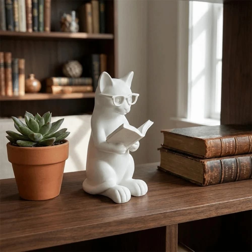 Funny 3D Printed Reading Cat Figurine Plastic Intellectual Glasses Cat Statue Artistic Cat Sculpture Bookshelf Decor