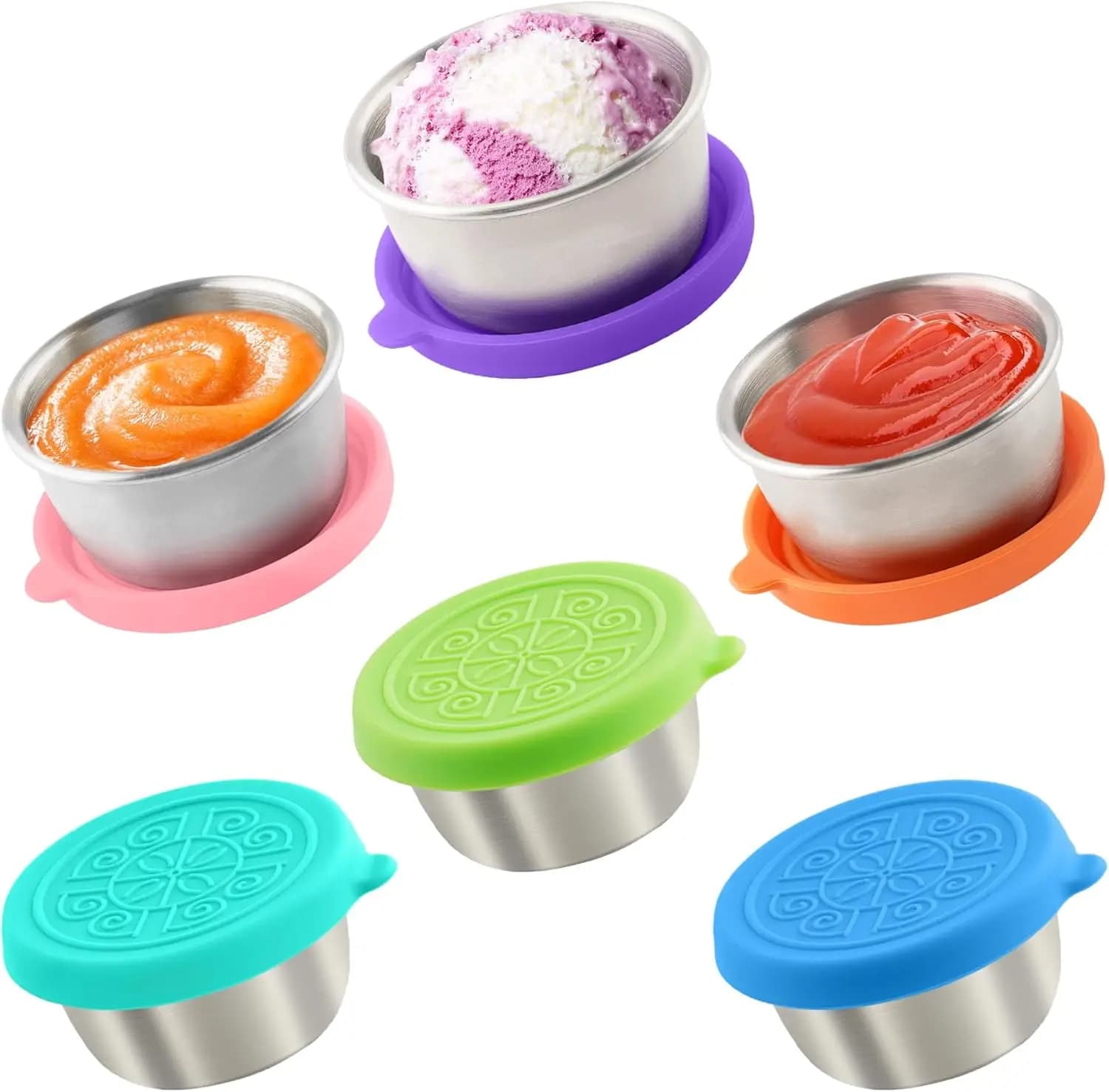 Set di 6 Contenitori in Acciaio Inox per Condimenti con Coperchi, Ermetici e Riutilizzabili per Lunch Box e Viaggi