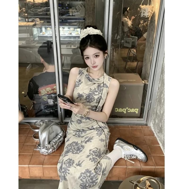 Summer New Vintage Waist-Cinching Slimming Floral Midi Maxi Dress Fashionable Mature Light Long Skirt High Waist A-Line Dress