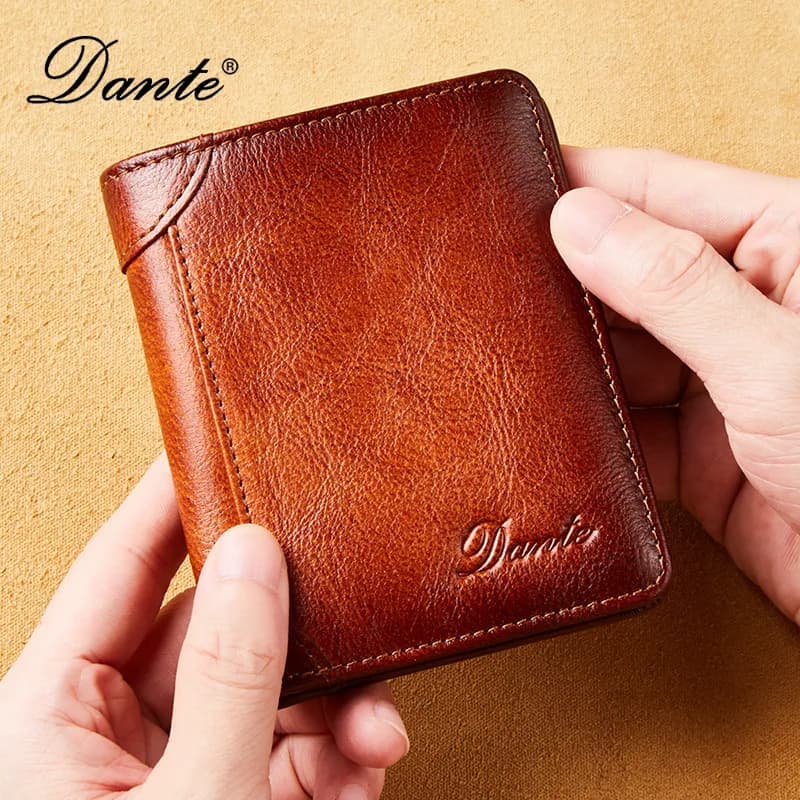 Dante Portafoglio in pelle da uomo due pieghe RFID Spazzola antifurto Degaus Strato di testa Pelle bovina Retro Casual Borsa per soldi verticale Fermasoldi