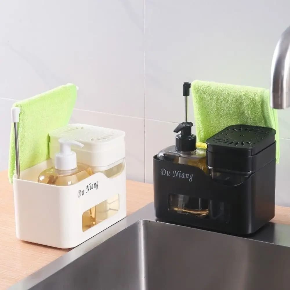 Set Dispenser Sapone 4-in-1 per Mani e Piatti, in Plastica Ricaricabile con Porta Spugna, Porta Panno e Bottiglia per Shampoo