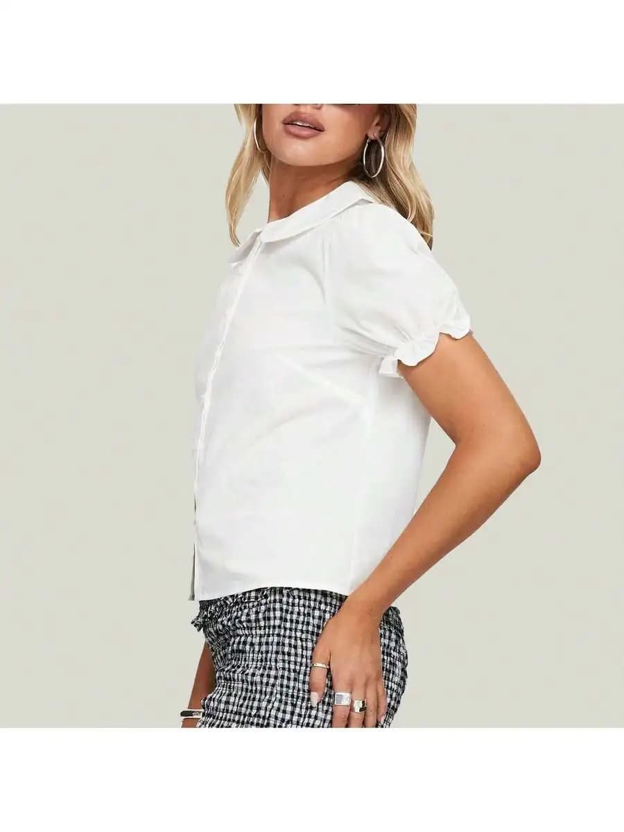 Womens Preppy Short Sleeve Blouse With Peter Pan Collar Button Down Shirt For Office Casual Summer