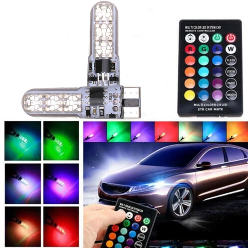 2x Lampadina a LED T10 Impermeabile W5W 501 per Luci Laterali Auto - 6SMD 5050 RGB con Telecomando (SENZA Batteria) Lampada a LED Stroboscopica