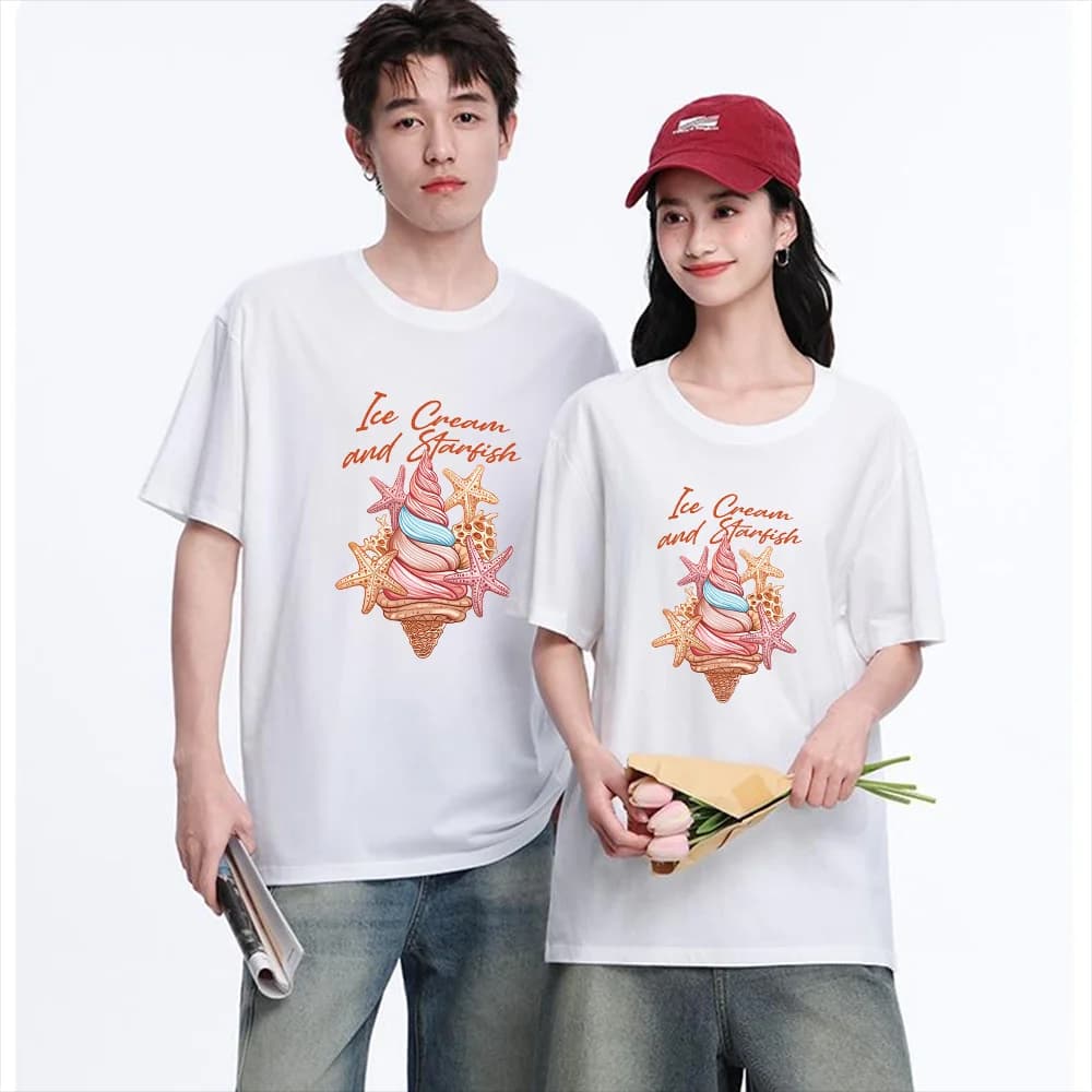 Ice Cream And Starfish Printed T Shirt Breathable Fabric S-XXL Personalized Custom Casual Short Sleeve Tee Aesthetic Graphic Top