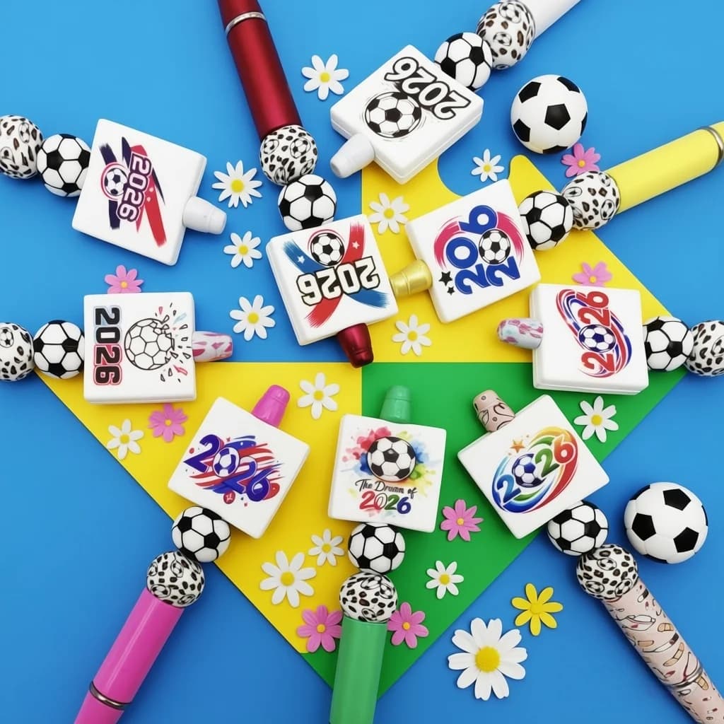 9Pcs 2026 Football Theme Printed Silicone Beads Set DIY Beaded Necklace Bracelet Decoration Pen Jewelry Pendant Etc. Holiday Birthday Gift