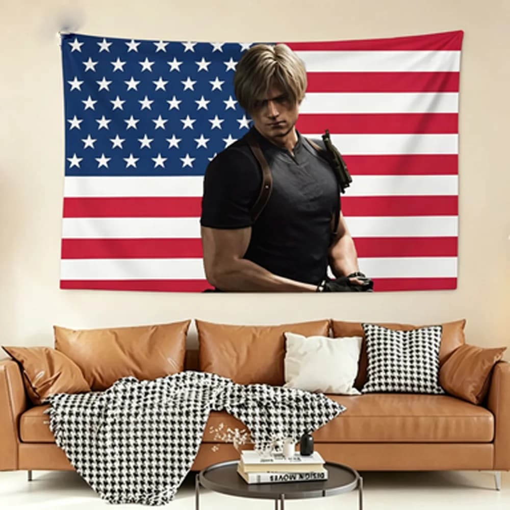 Arazzo Leon Kennedy Resident Evil - Decorazione da parete con bandiera americana, design stampato piatto multi-misura, ispirato ai videogiochi