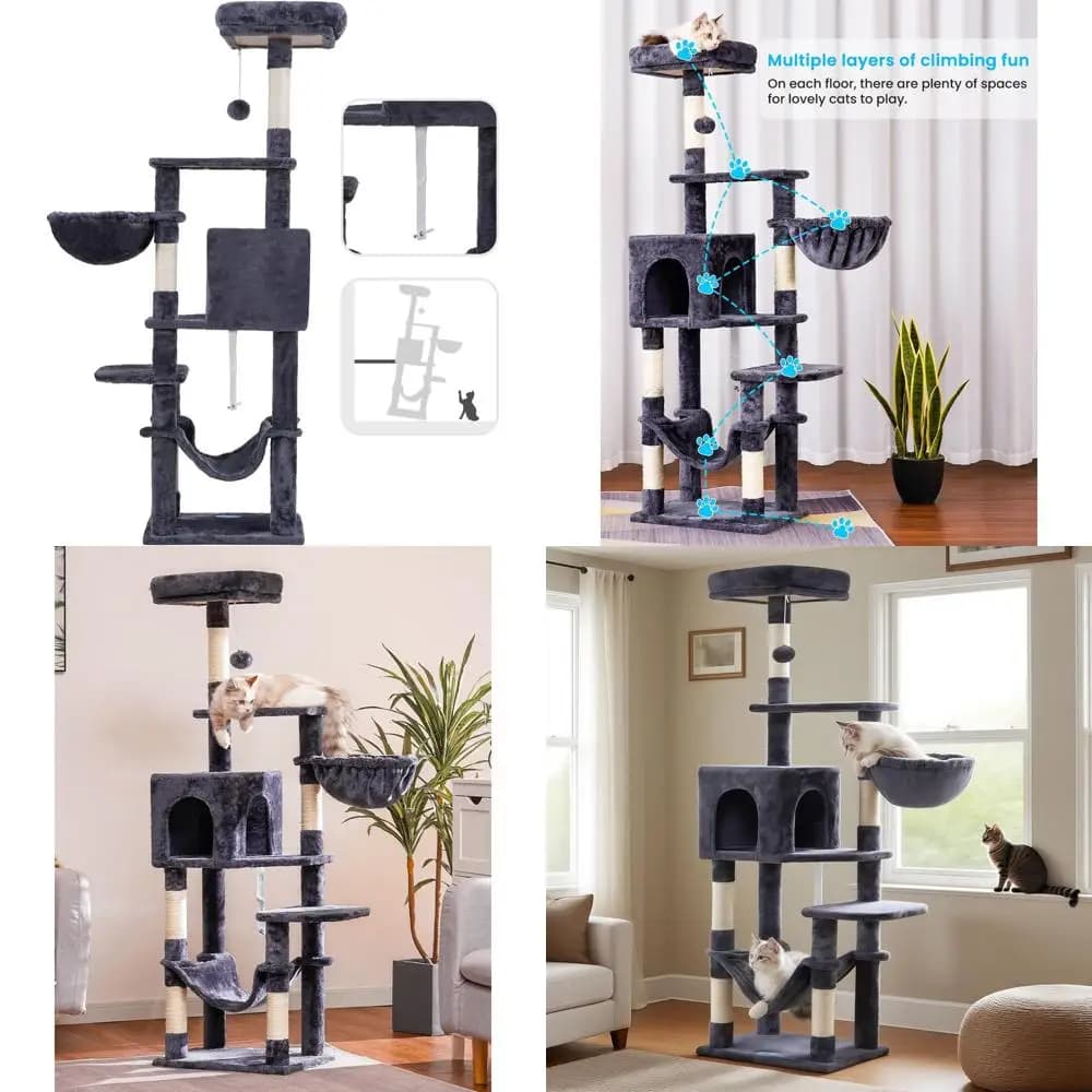 Albero per gatti multilivello per interni con grande amaca, tiragraffi in sisal e persico superiore in grigio fumo MPJ050G
