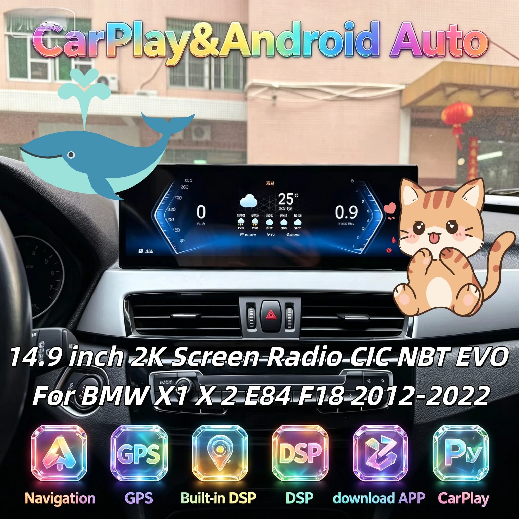 Schermo Multimediale Android 14 da 14,9 Pollici con Carplay per BMW X1 X2 E84 F18 2012-2022 CIC NBT EVO, Radio GPS, Navigazione Auto, Bluetooth