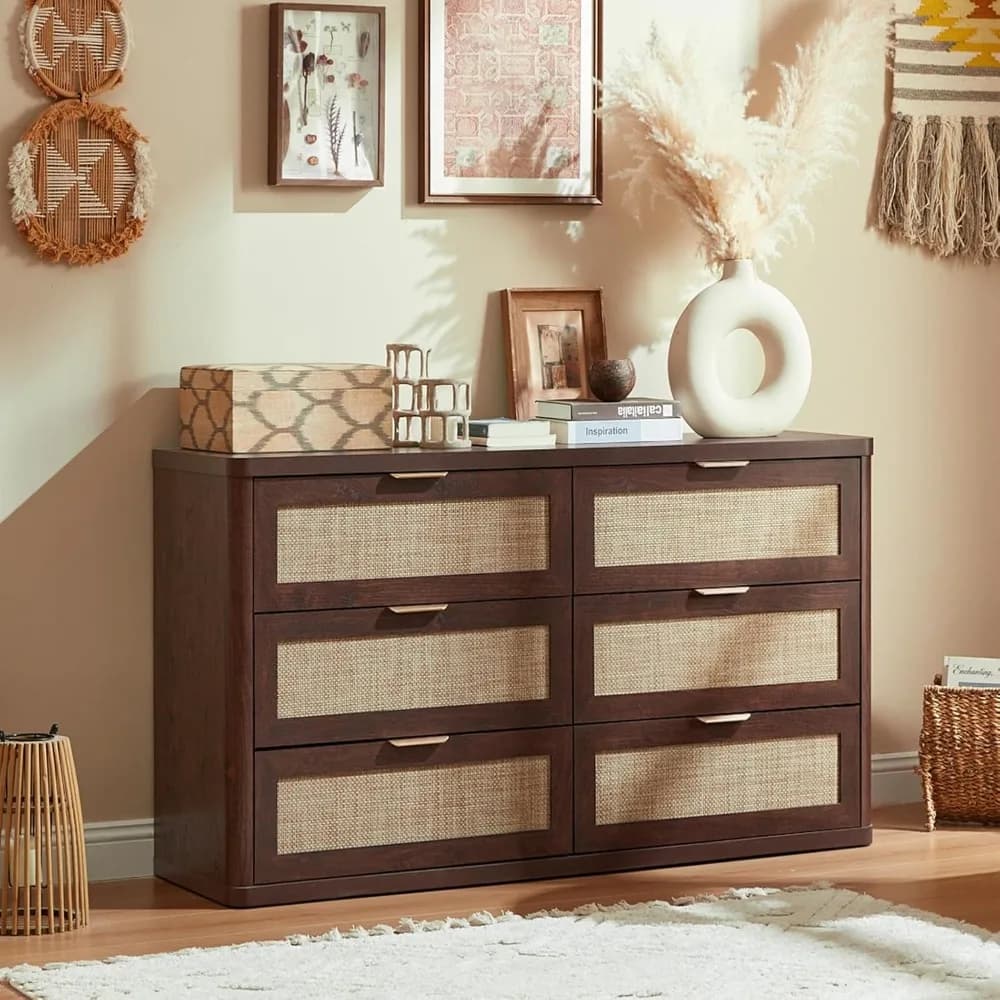 Cassettiera in Rattan a 6 Cassetti, Mobile in Legno Stile Boho con Maniglie in Metallo, Supporto TV, Contenitore per Camera da Letto, Soggiorno, Corridoio, Personalizzabile