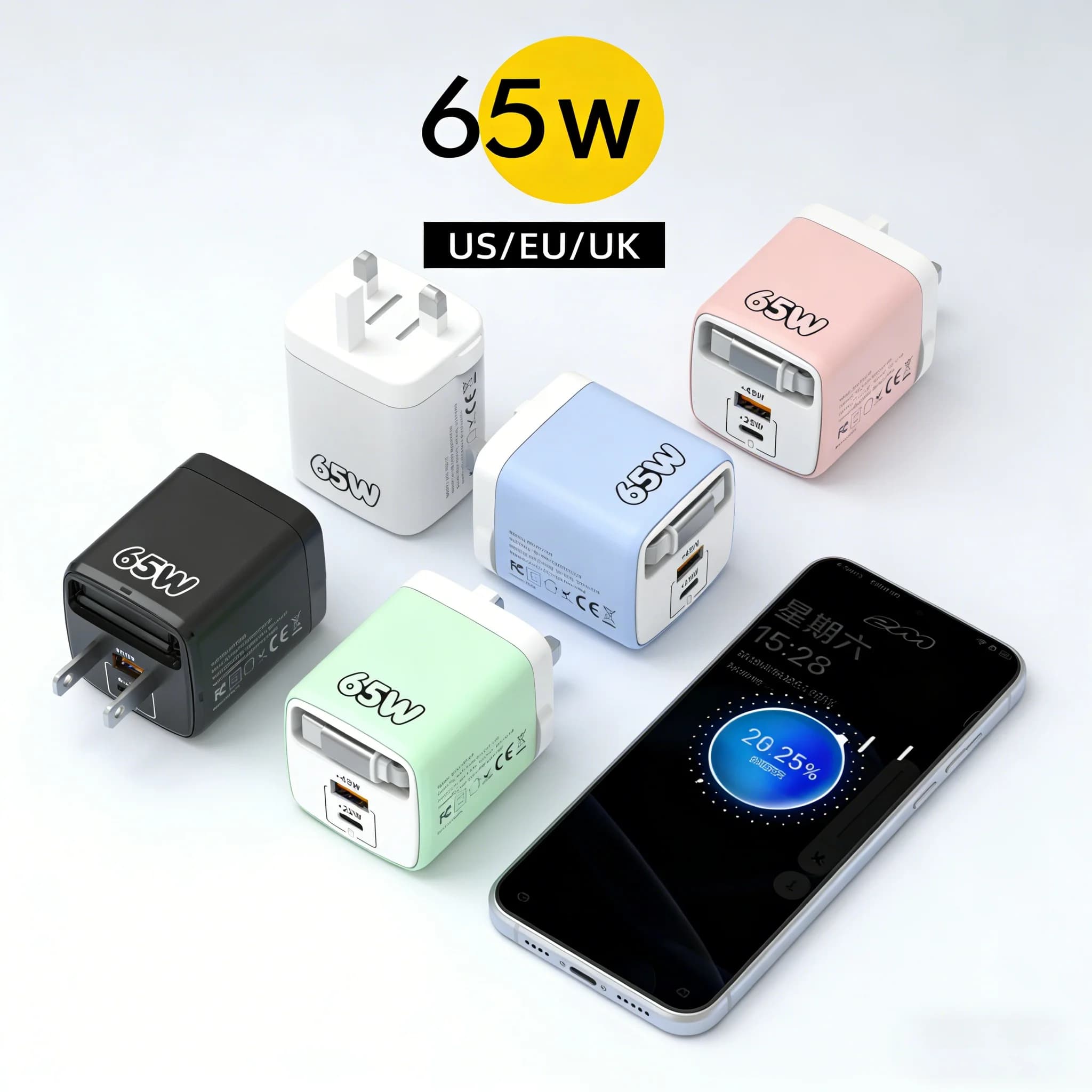 Caricatore USB C 65W 3 in 1, Caricabatterie Rapido da Muro con Ricarica Veloce 3.0 per iPhone Samsung Xiaomi Huawei, Cavo di Ricarica Telescopico Tipo C