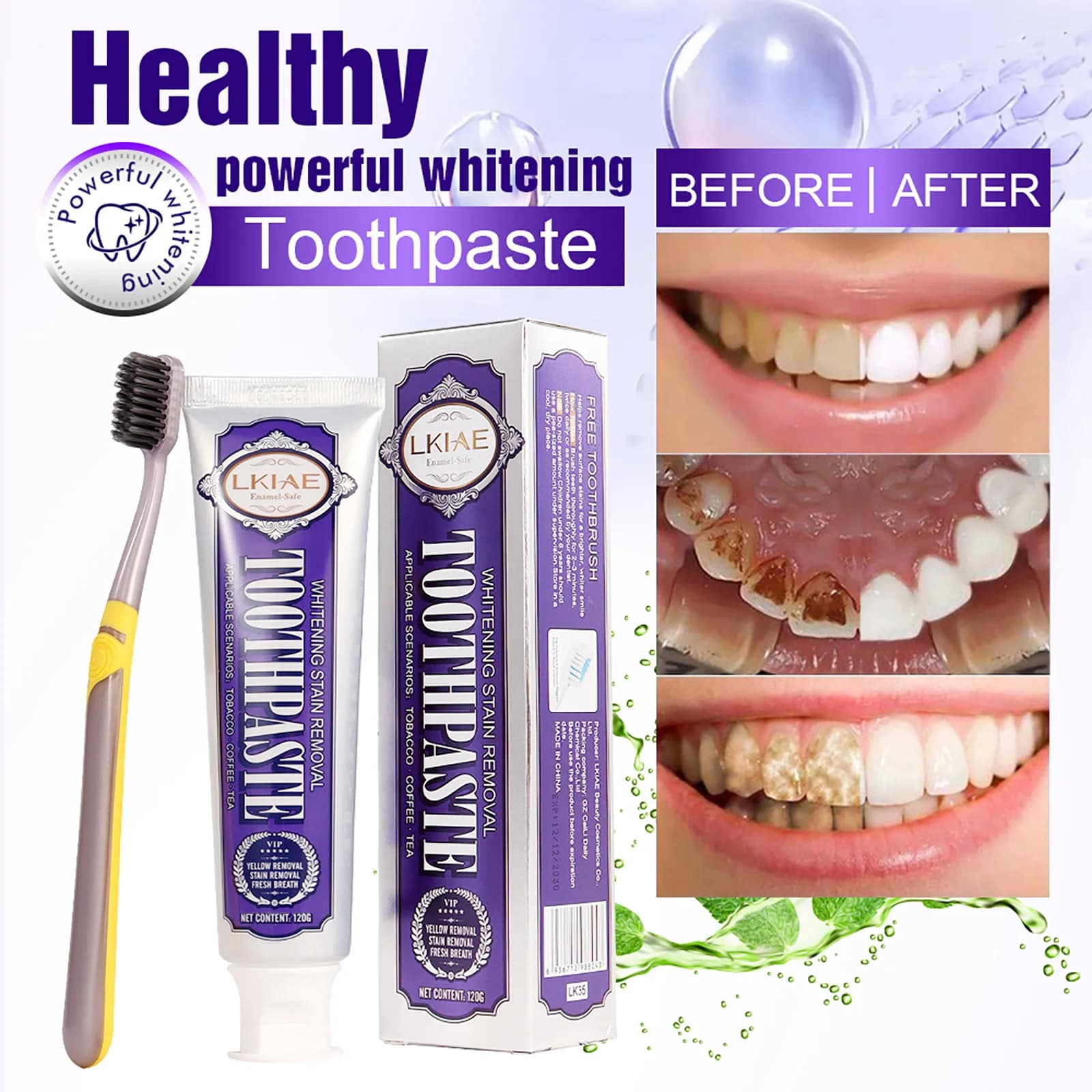 LKIAE whitening toothpaste, delicate removal of coffee stains, tea, safe for glaze and fresh breath, brighter smile, mint taste
