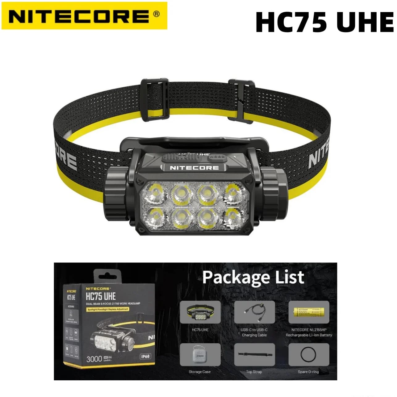 Lampada Frontale Nitecore HC75 UHE 3000 Lumen, Lanterna Ricaricabile USB-C con Batteria Li-ion Integrata da 5500mAh