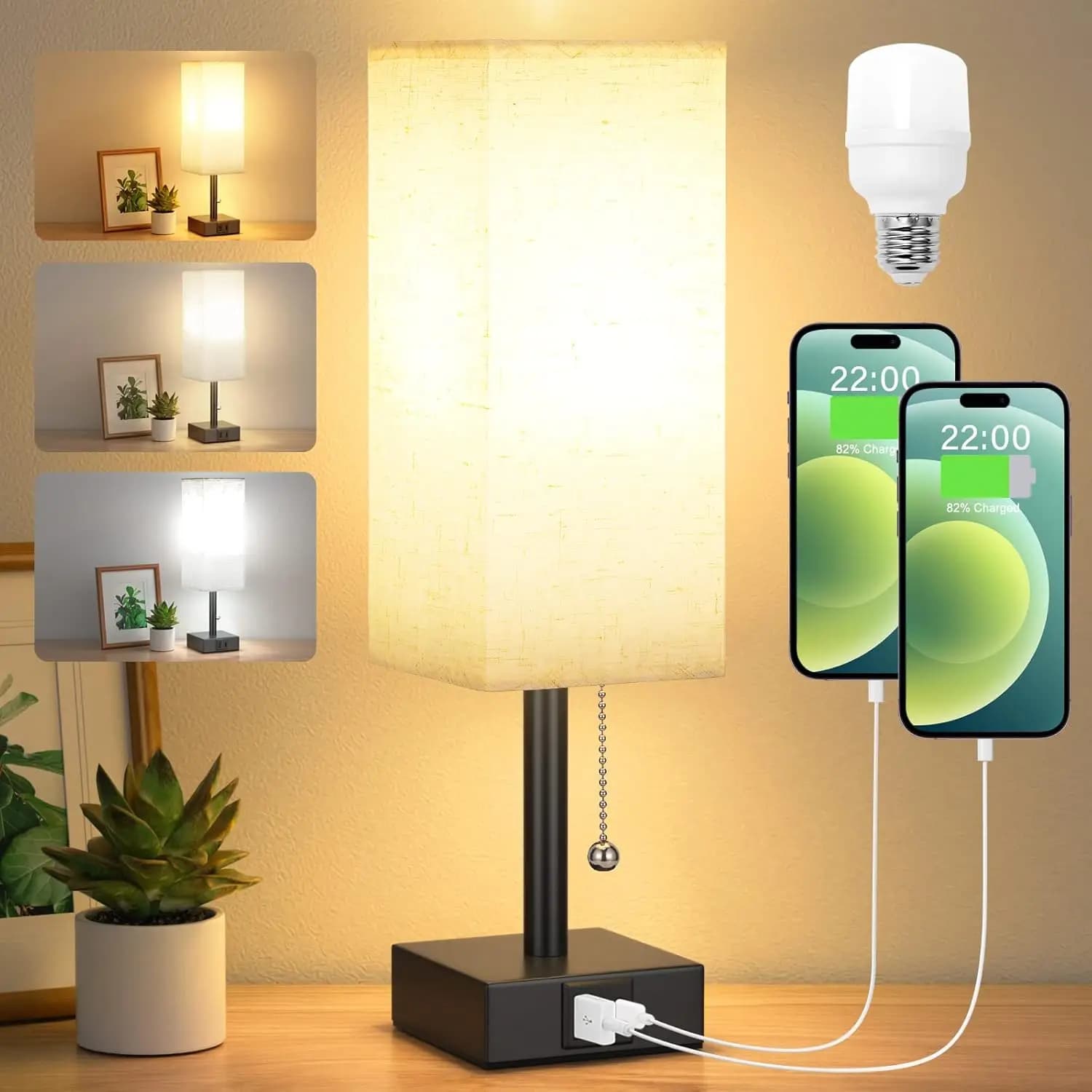 Piccola lampada da comodino con 3 temperature di colore e ricarica USB, controllo a catenella, lampadina LED inclusa