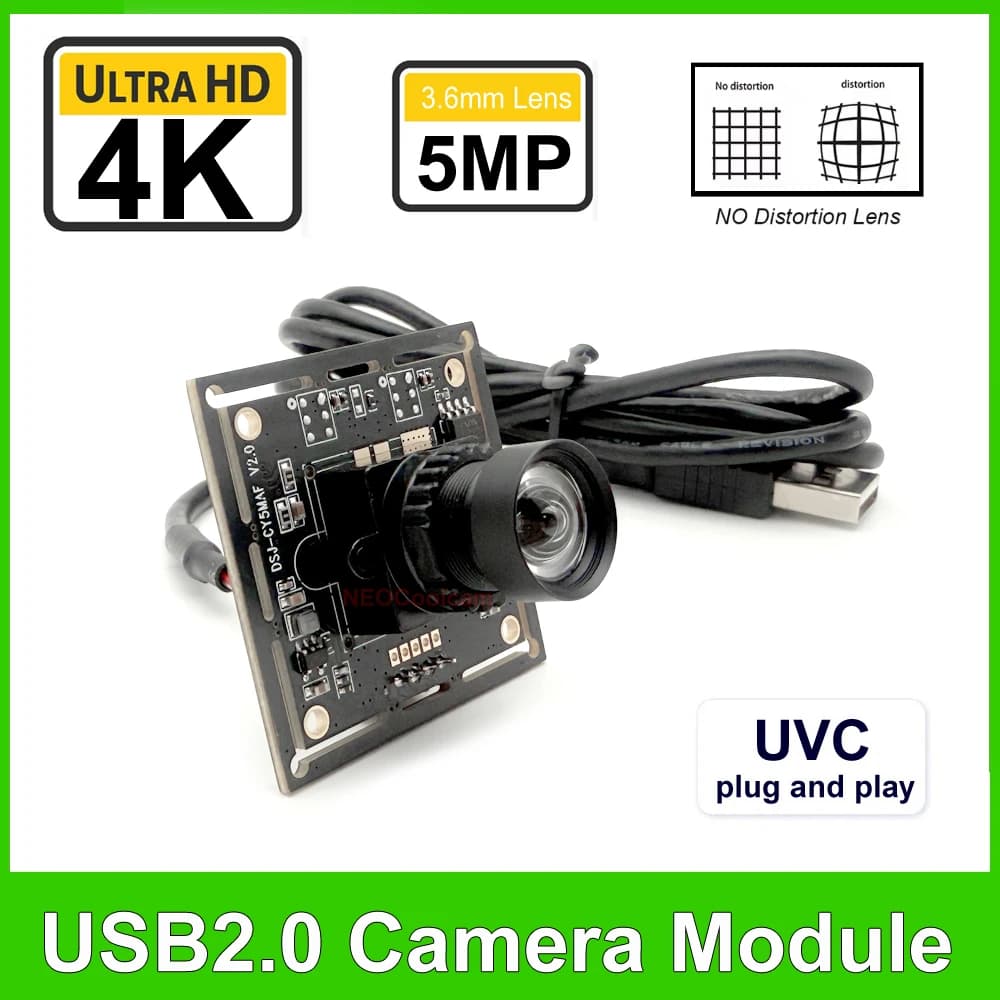 Webcam HD 4K 3840x2160 5MP with Lente 3.6mm 85 Degrees Without Distortion, Module Camera USB2.0 2K OTG UVC Without Driver for PC