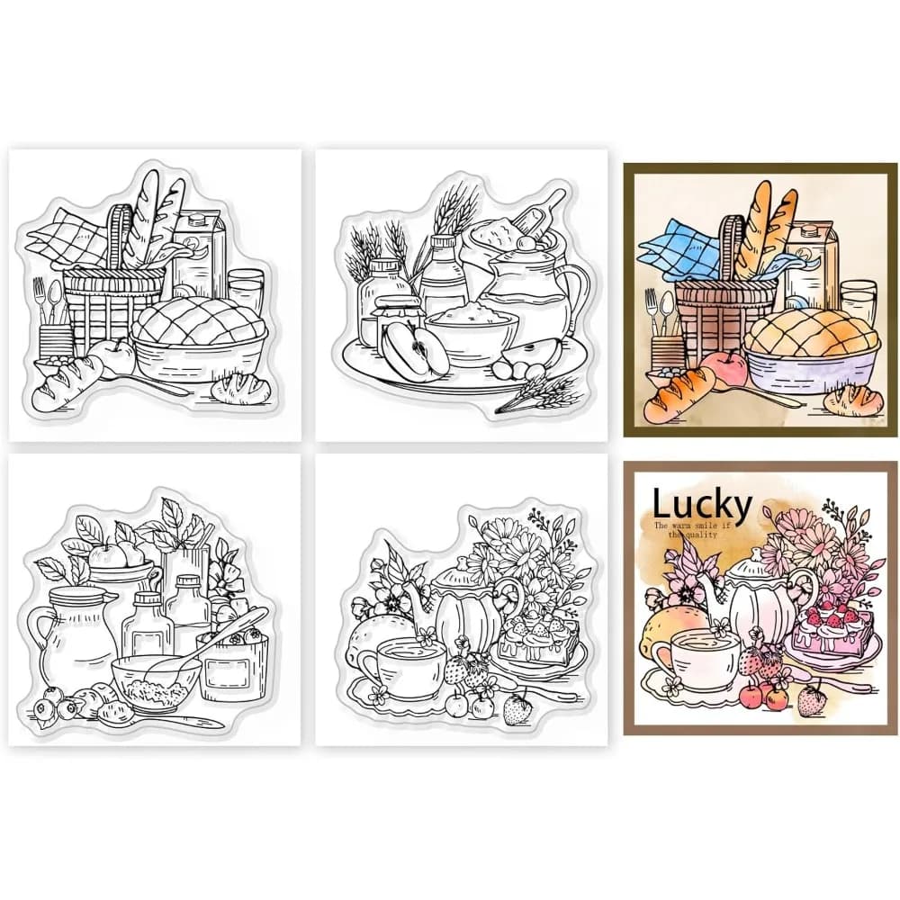 4Pcs Food and Jars Clear Stamps for DIY Scrapbooking Afternoon Tea Mini Silicone Clear Stamp Seals 55x55mm Transparent Stamps