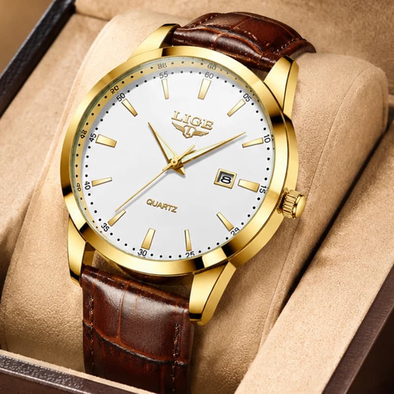 LIGE New Men Watch Top Brand Luxury Brown Genuine Leather Quartz Watches for Men Waterproof Sports Chronograph Montre Homme+BOX