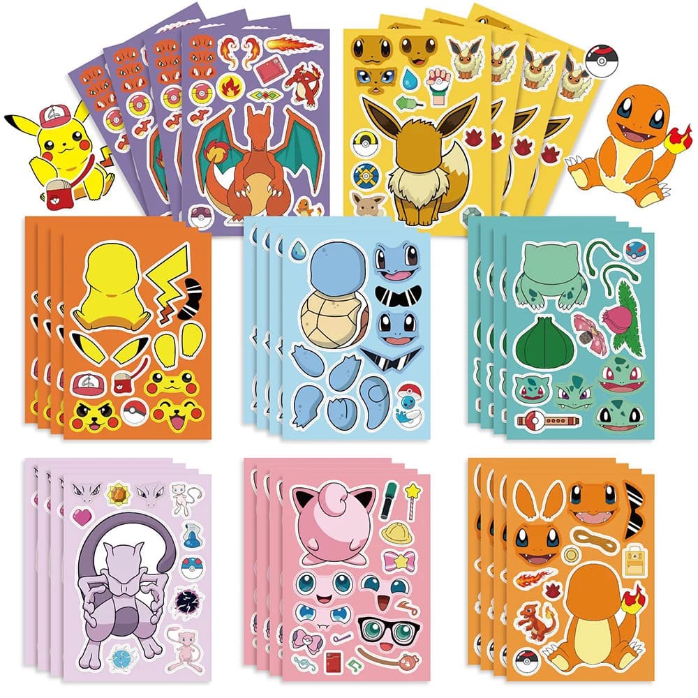 8/16 Fogli di Adesivi Puzzle Anime Pokemon, Cartoni Animati Pikachu Eevee, Crea un'Espressione, Gioco Educativo Fai-da-Te, Regalo