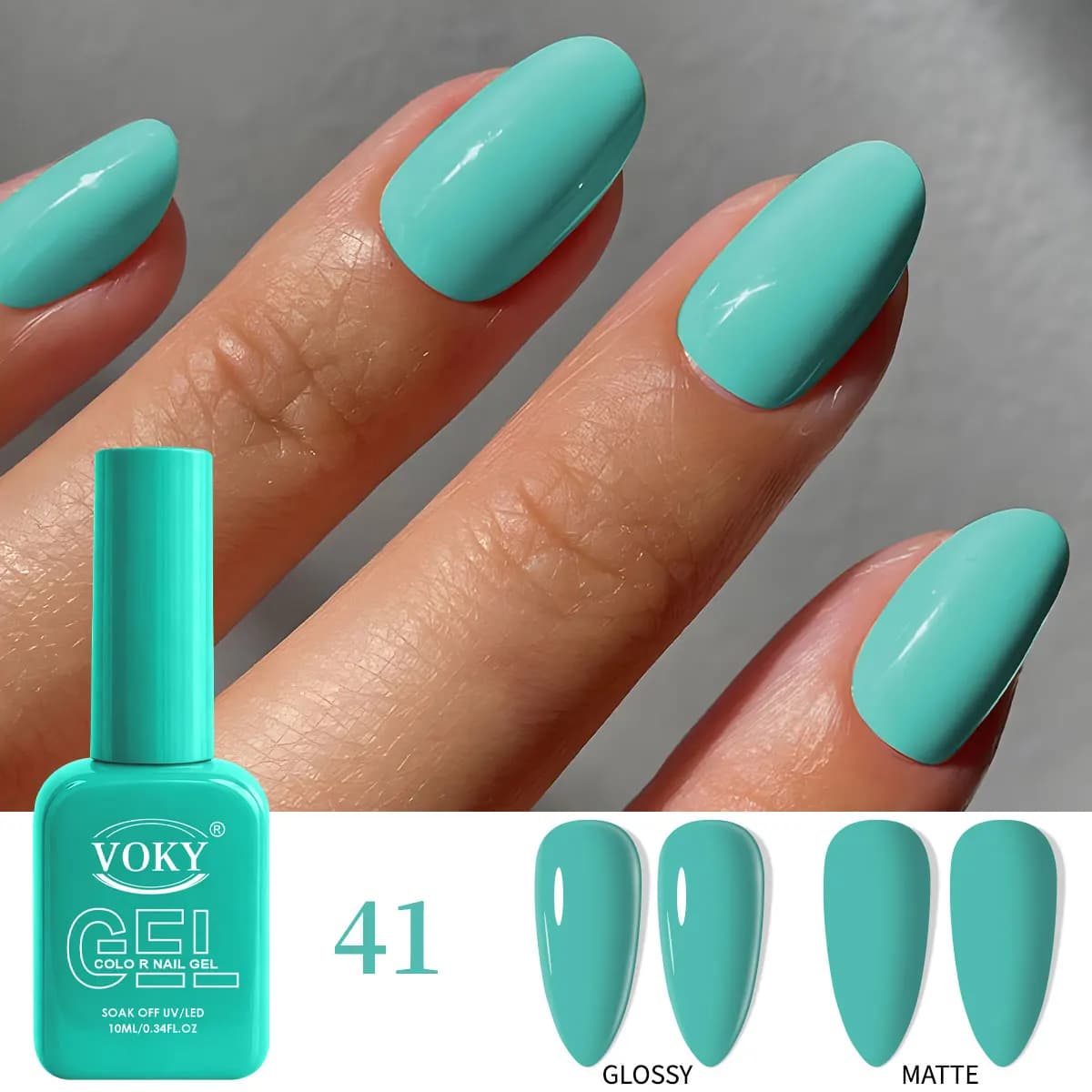 High-end macaron turquoise blue gel nail polish, high color rendering, one coat is enough for full coverage, no streaks, self-leveling, low odor, non-toxic, UV-cured nail polish, trendy tropical tones, perfect for summer travel, pool parties, street fashion, and all-season manicures