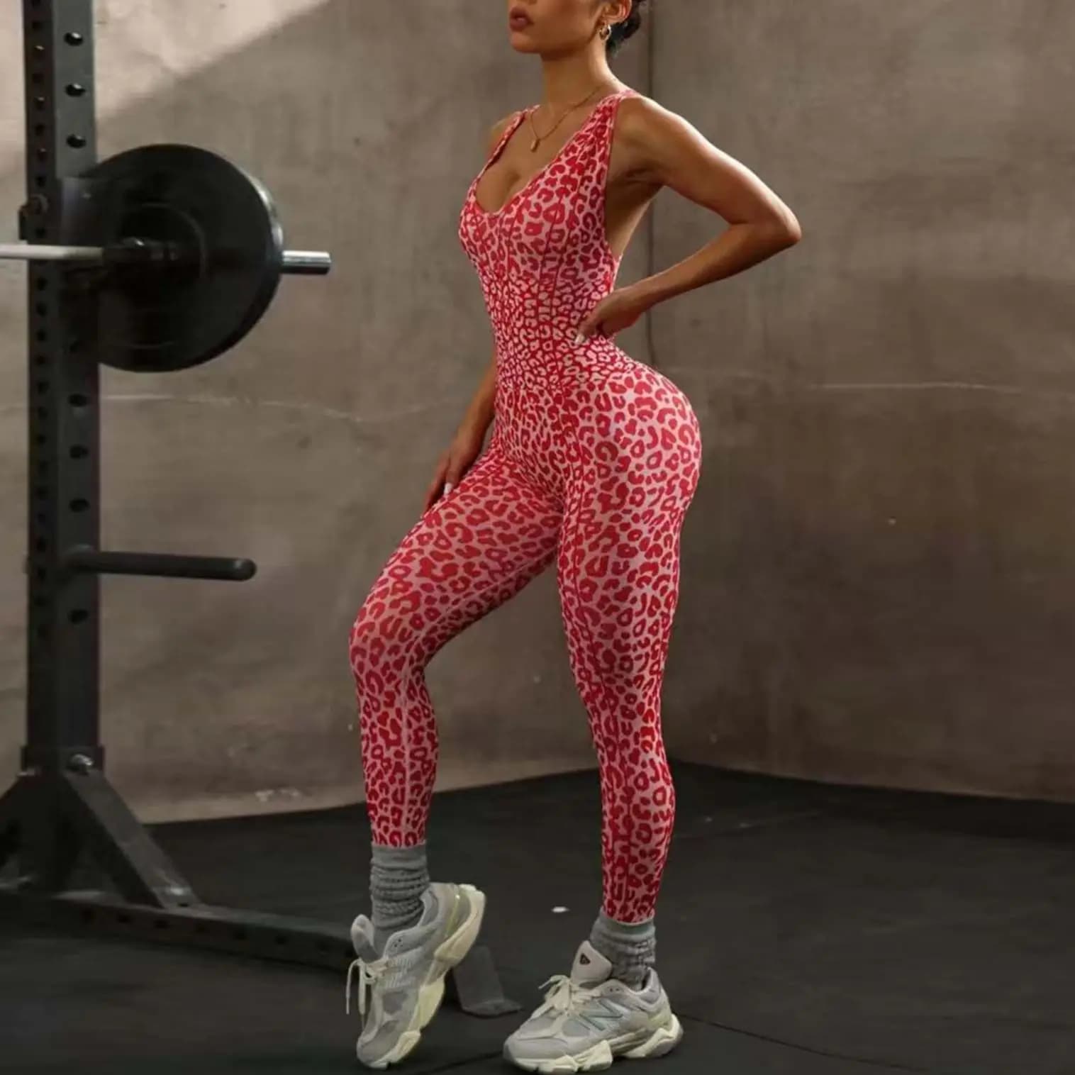 Women Sports Leopard Jumpsuits Tracksuits Yoga Pants Bodysuits Workout Fitness Gym Training Backless Tights Suits Sportswear
