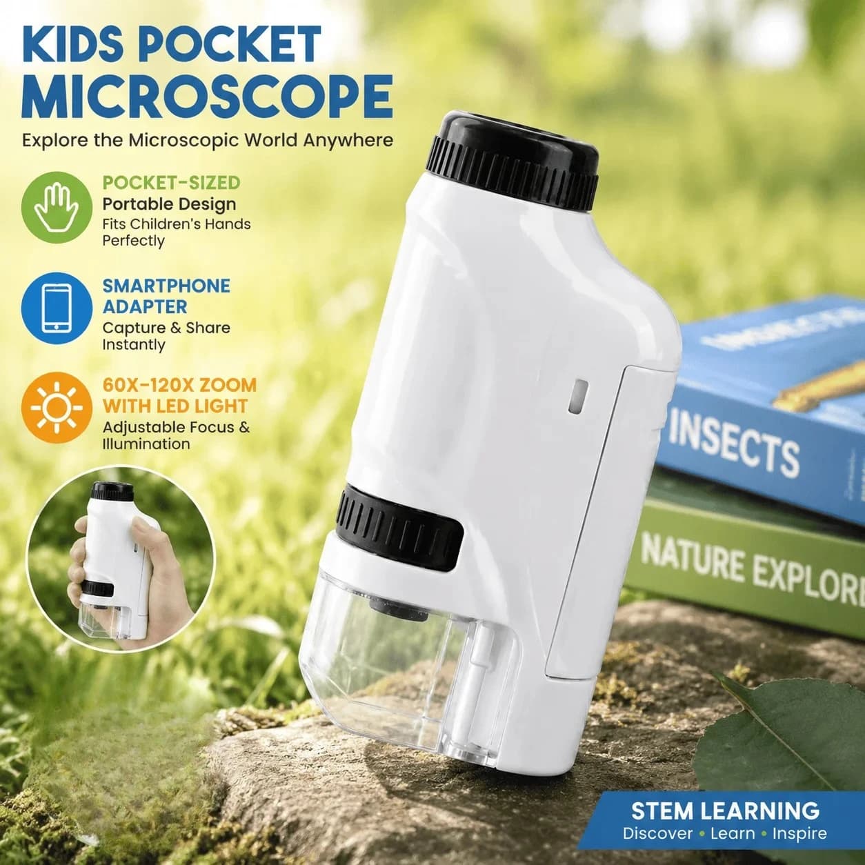 Kids Pocket Microscope Portable Mini Handheld 60X-120X Zoom LED Illuminated Smartphone Adapter STEM Science Educational Toy For Children Students Outdoor Exploration Travel Magnifier Biological Observation Learning Tool With Adjustable Focus Age 6-14