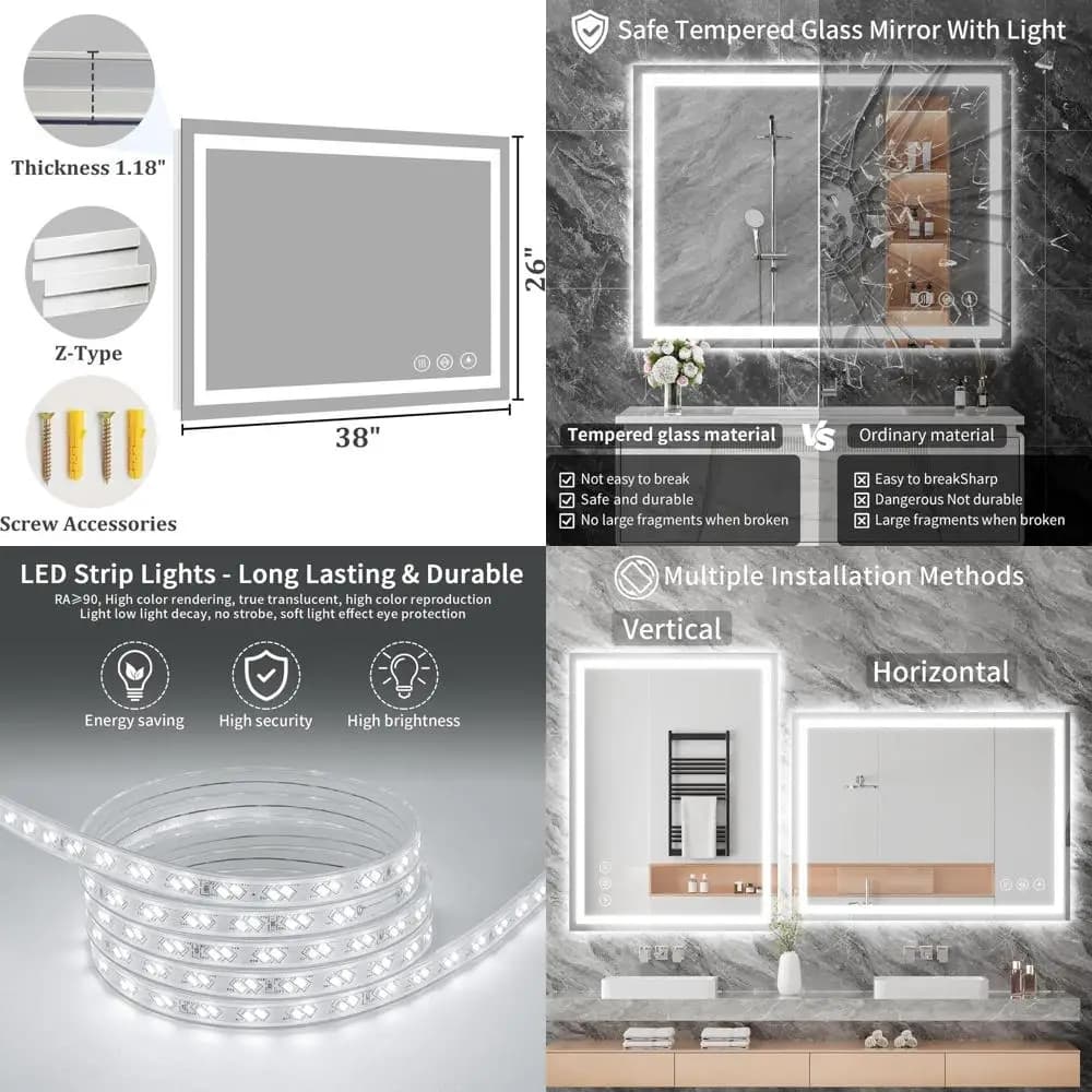 Specchio da bagno illuminato a 38 LED con antiappannamento, 3 opzioni di colore, dimmerabile, vetro temperato