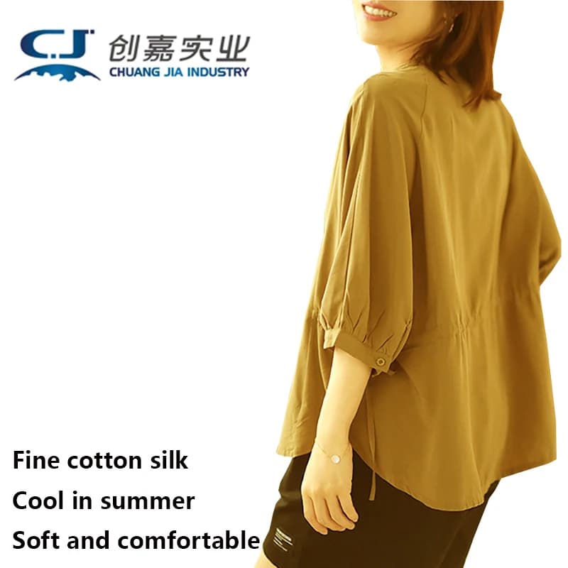 Women's cotton silk shirt with seven inch summer sleeves, wide and casual top, fresh and breathable, which absorbs sweat.