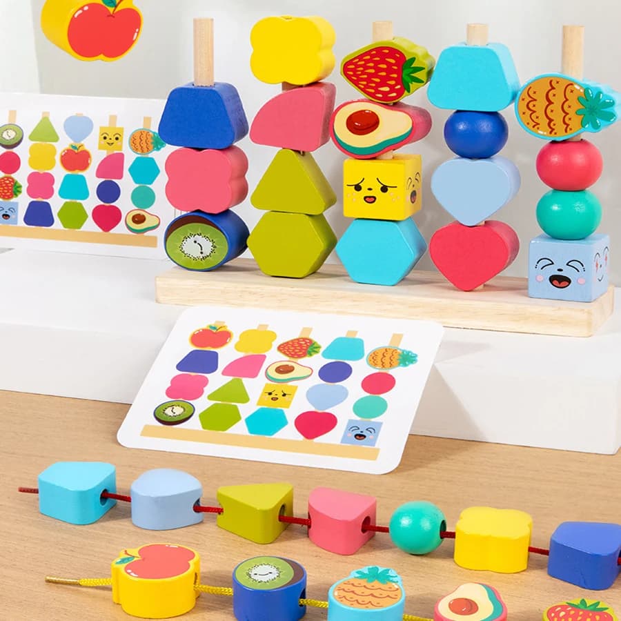 Giocattolo Educativo Montessori in Legno con Perline da Infilare e Blocchi Impilabili per Bambini, Abbinamento Forme e Classificazione Colori